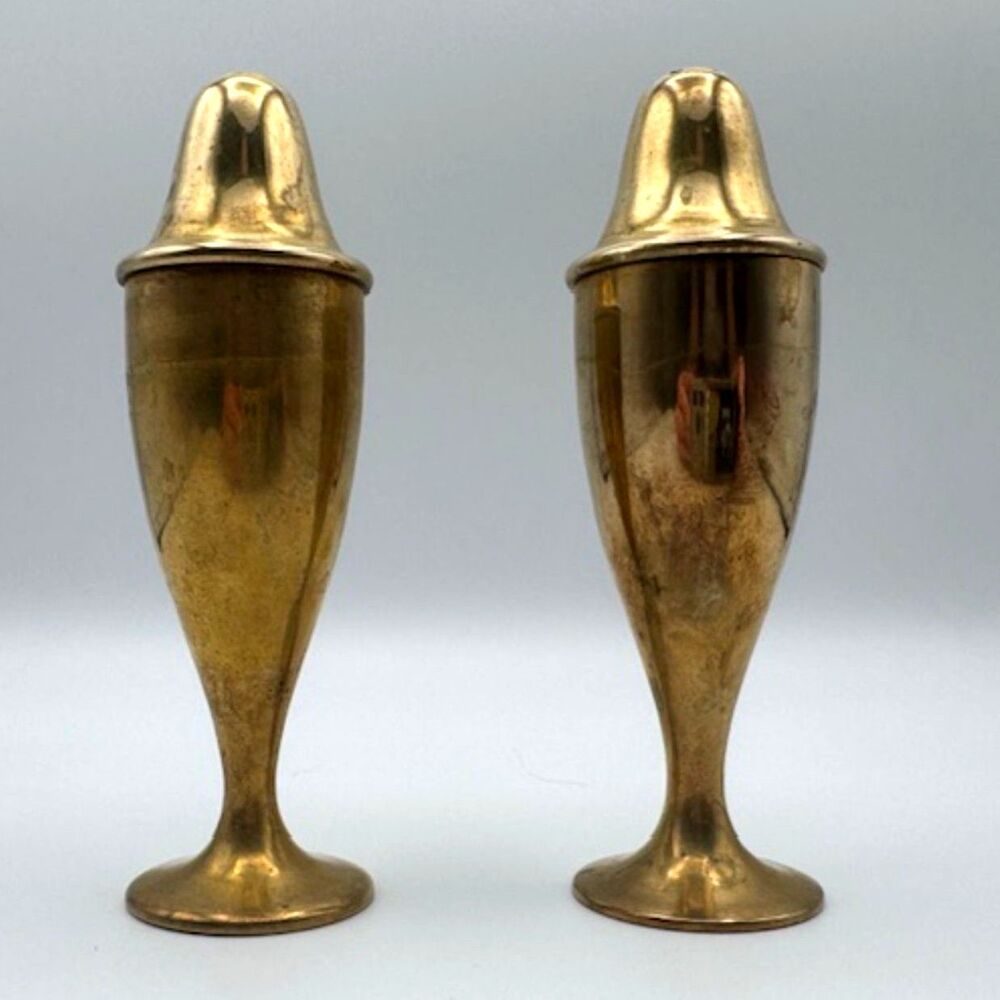 Dirilyte Salt Pepper Shakers 4.5" Vintage Brass Tone Footed Mid Century Pair MCM
